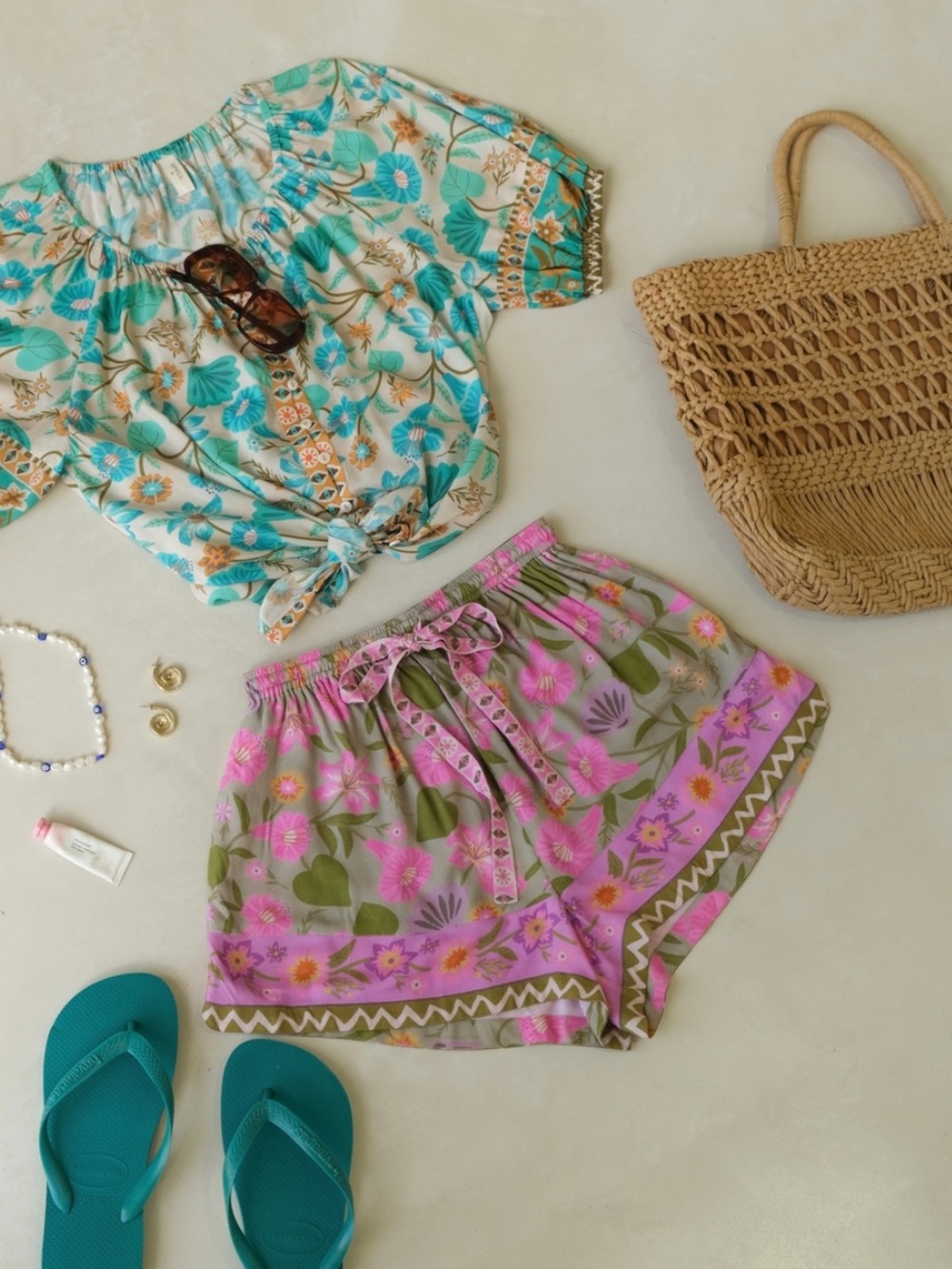 Spell Pink Floral High-Waist Drawstring Shorts